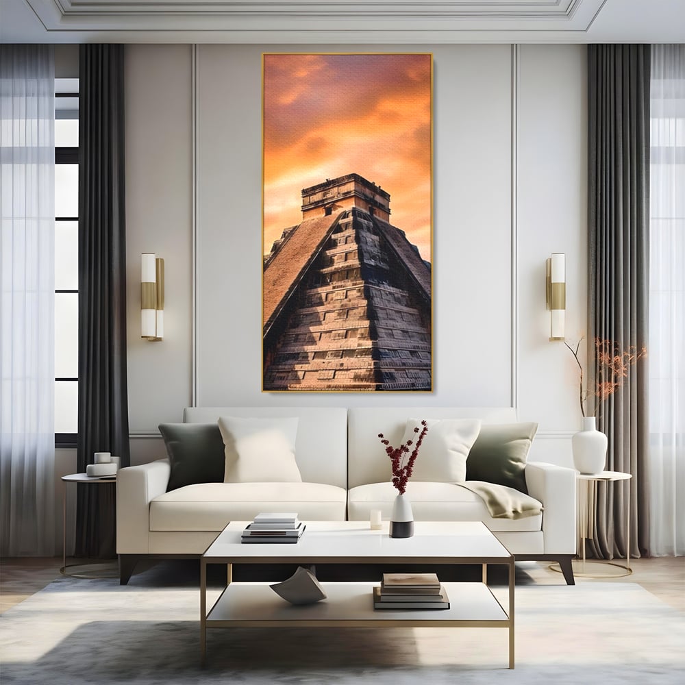 Tablou canvas cu tablou canvas cu piramida mayasa, in rama de aluminiu auriu, pe perete intr-un living